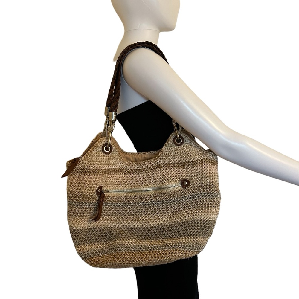 The Sak Tan, Cream, Gray & Brown Crocheted Weave Tote shoulder Bag Braided Strap